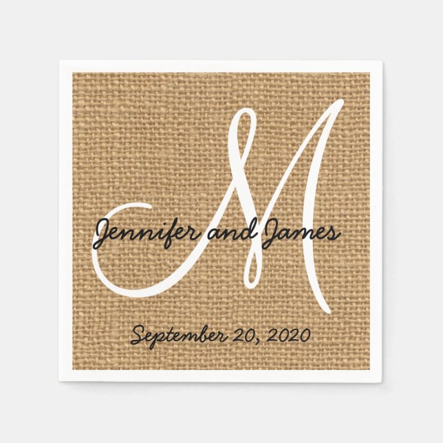 Burlap Rustic Monogram Paper Napkins (Front)