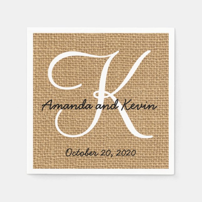 Burlap Rustic Monogram Paper Napkins (Front)