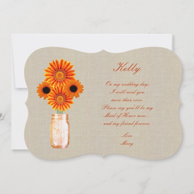 Burlap Rustic Orange Mason Jar Maid Of Honour Card (Front)