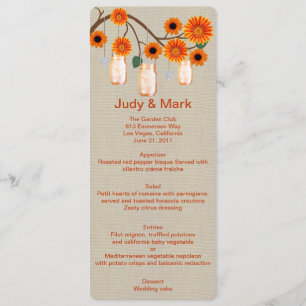 Burlap Rustic Orange Mason Jars Menu Card