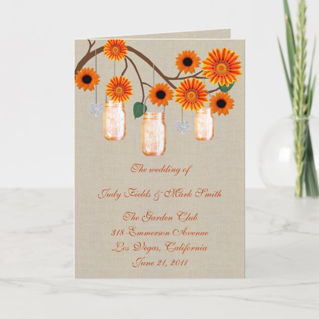 Burlap Rustic Orange Mason Jars Program Card (Front)