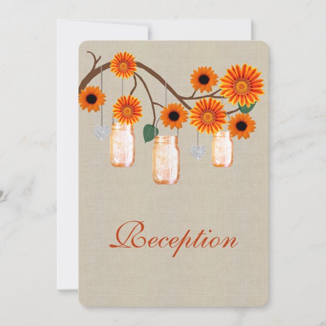 Burlap Rustic Orange Mason Jars Reception Card (Front)