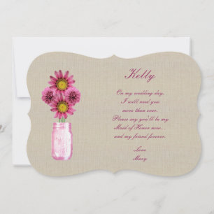 Burlap Rustic Pink Mason Jar Maid Of Honour Card