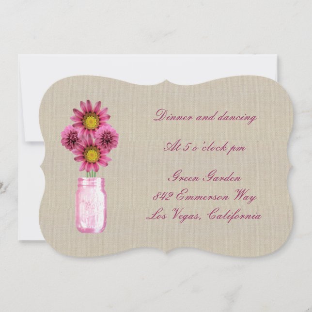 Burlap Rustic Pink Mason Jar Reception Card (Front)