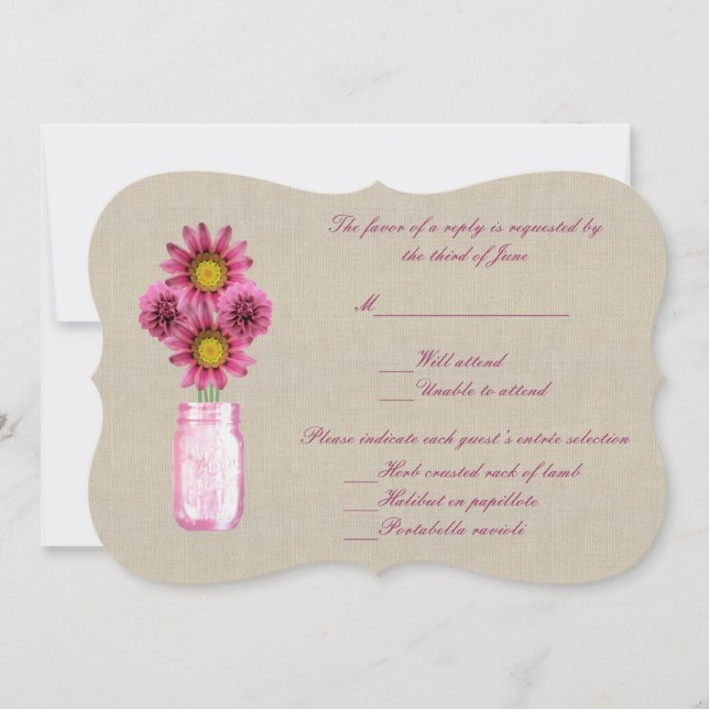 Burlap Rustic Pink Mason Jar Response Card (Front)