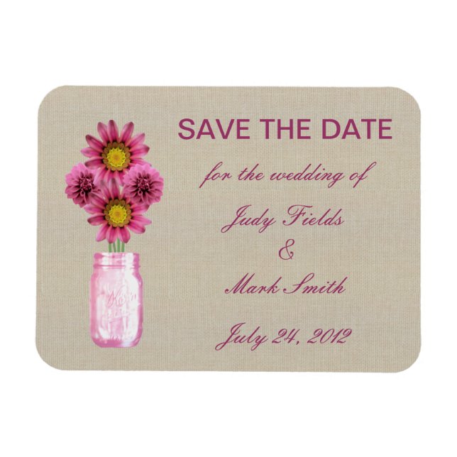Burlap Rustic Pink Mason Jar Save The Date Magnet (Horizontal)
