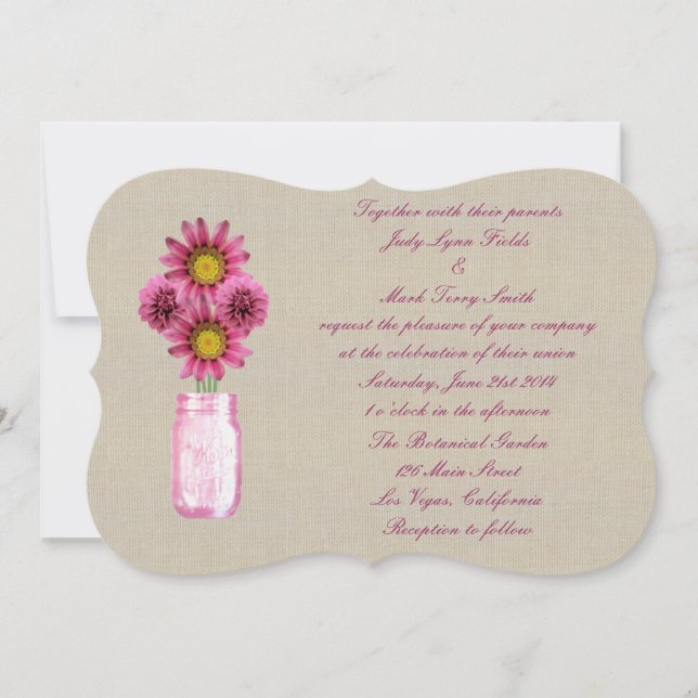 Burlap Rustic Pink Mason Jar Wedding Invitation (Front)