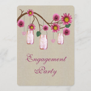 Burlap Rustic Pink Mason Jars Engagement Party Invitation