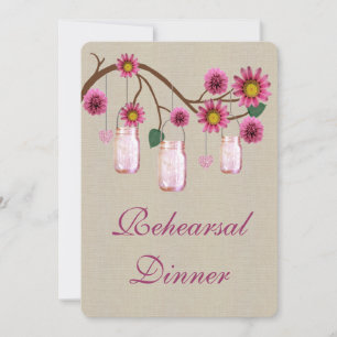 Burlap Rustic Pink Mason Jars Rehearsal Dinner Invitation