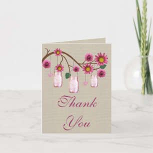 Burlap Rustic Pink Mason Jars Thank You Card