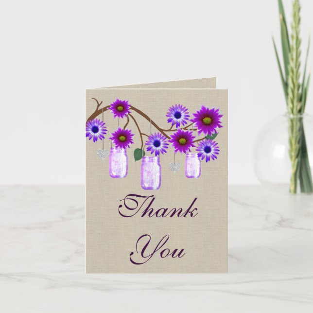 Burlap Rustic Purple Mason Jars Thank You Card (Front)