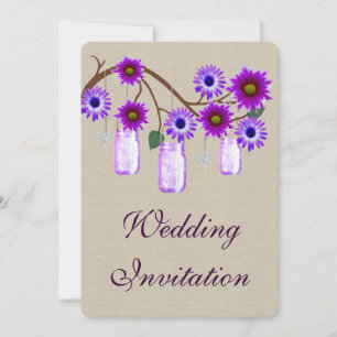 Burlap Rustic Purple Mason Jars Wedding Invitation