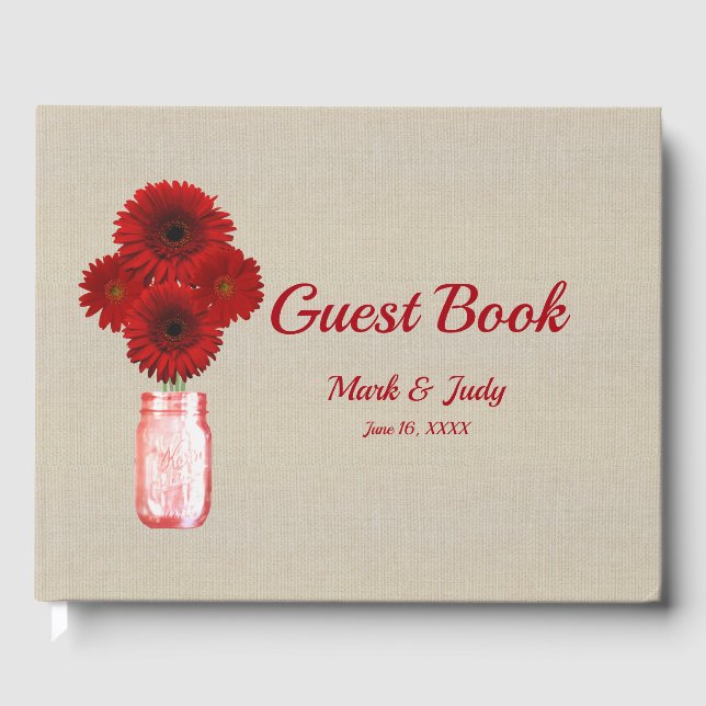 Burlap Rustic Red Floral Mason Jar Wedding Guest Book (Front)