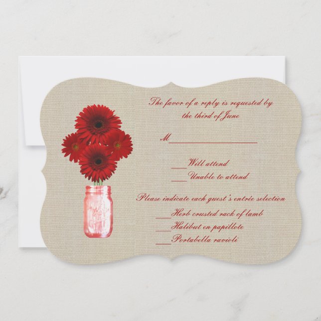 Burlap Rustic Red Mason Jar Response Card (Front)