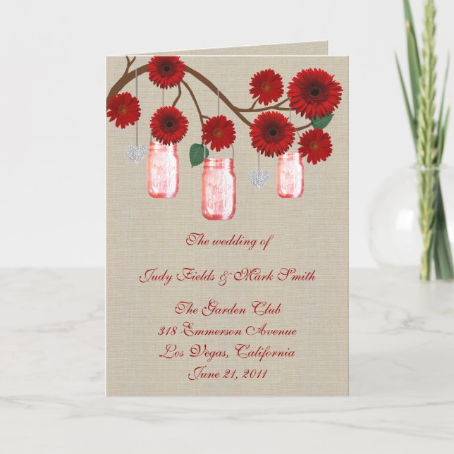 Burlap Rustic Red Mason Jars Program Card (Front)