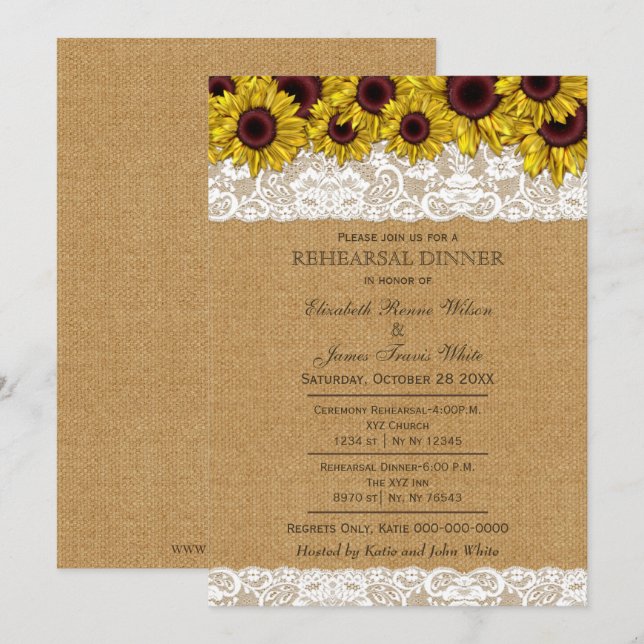 Burlap Rustic Sunflowers rehearsal dinner invites (Front/Back)
