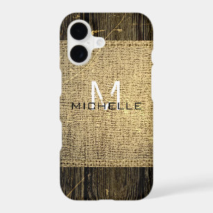 Burlap Rustic Vintage Wood Look Monogram