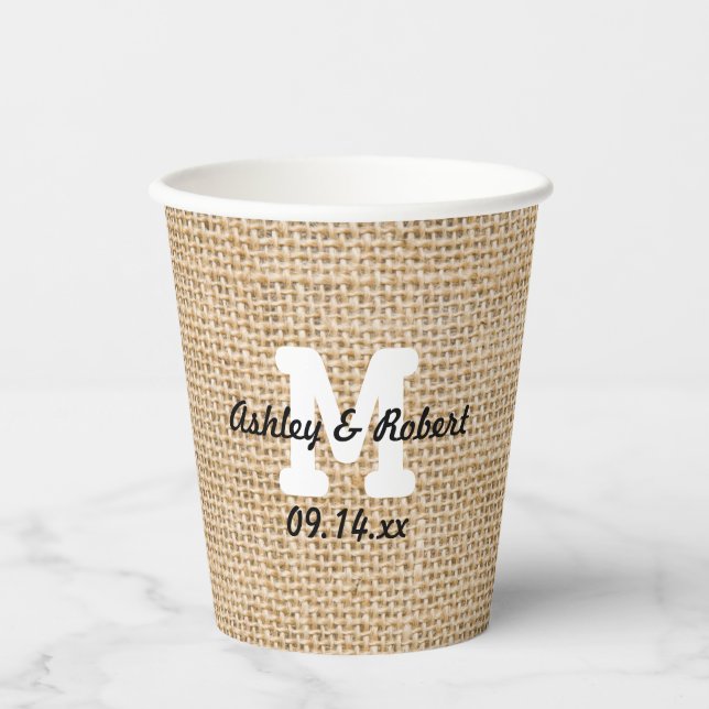Burlap Rustic Wedding Reception Custom Monogram Paper Cups (Front)
