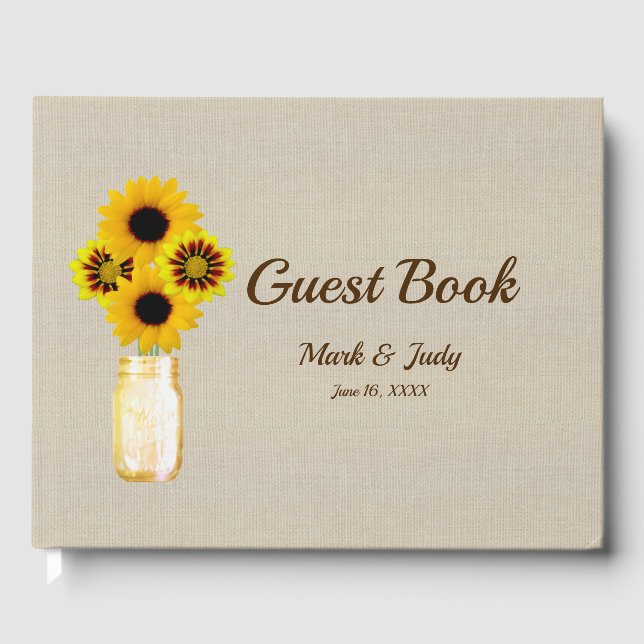 Burlap Rustic Yellow Floral Mason Jar Wedding Guest Book (Front)