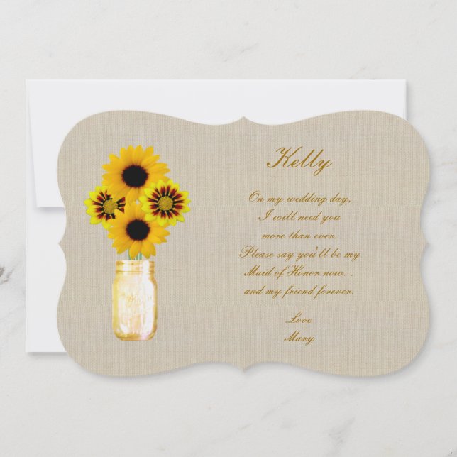Burlap Rustic Yellow Mason Jar Maid Of Honour Card (Front)