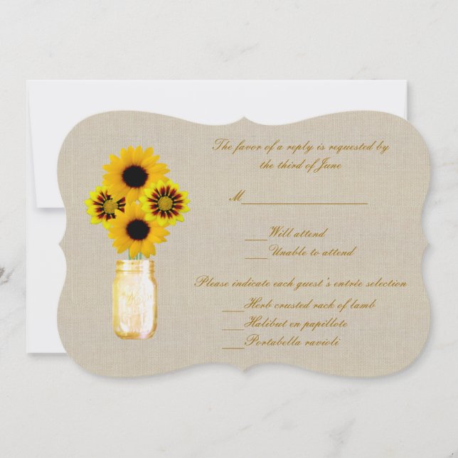 Burlap Rustic Yellow Mason Jar Response Card (Front)