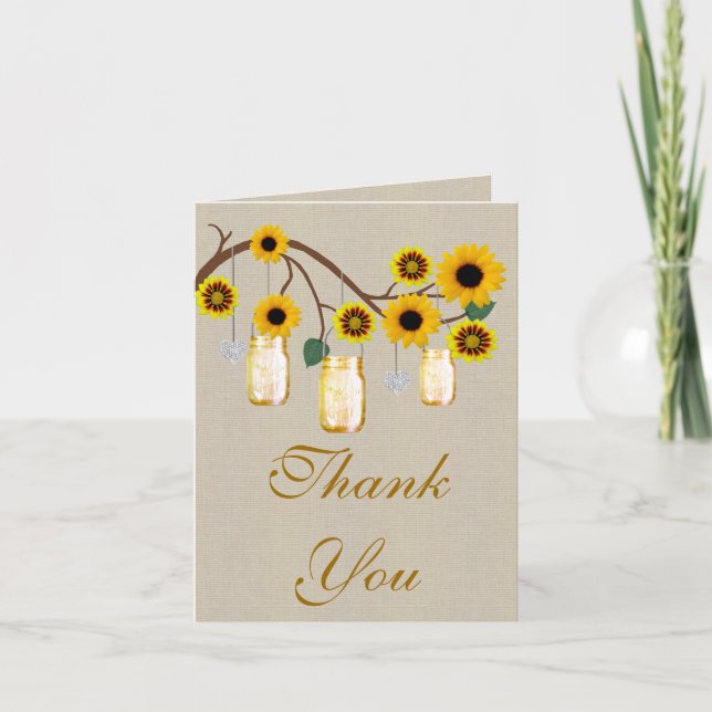 Burlap Rustic Yellow Mason Jars Thank You Card (Front)