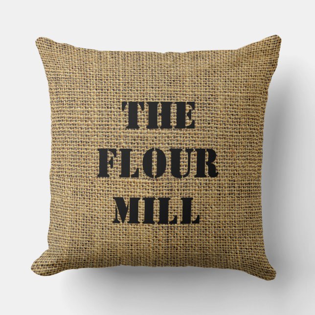 Burlap Sack The Flour Mill Cushion (Front)