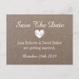 Burlap Save the date wedding postcard with heart