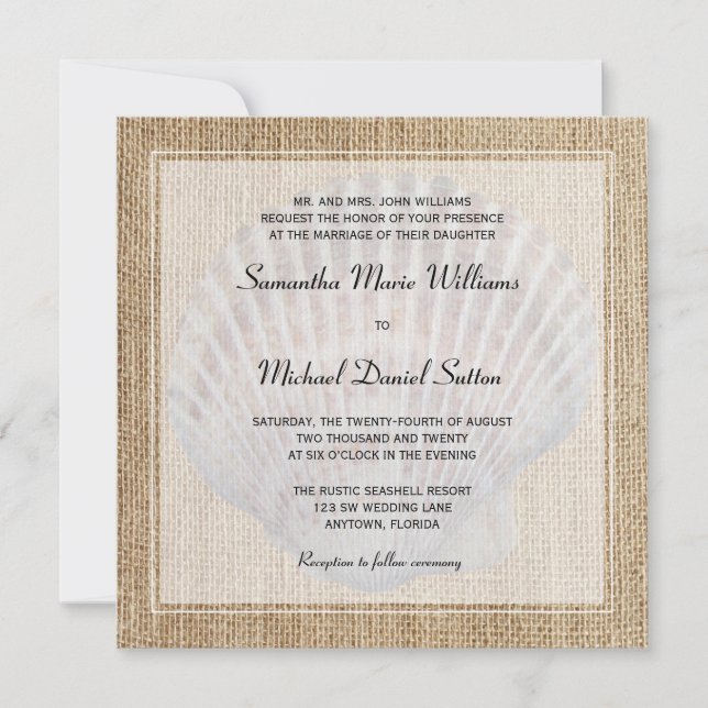 Burlap Seashell White Border Wedding Invitations (Front)