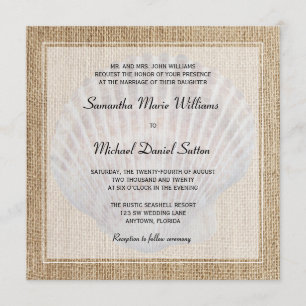 Burlap Seashell White Border Wedding Invitations