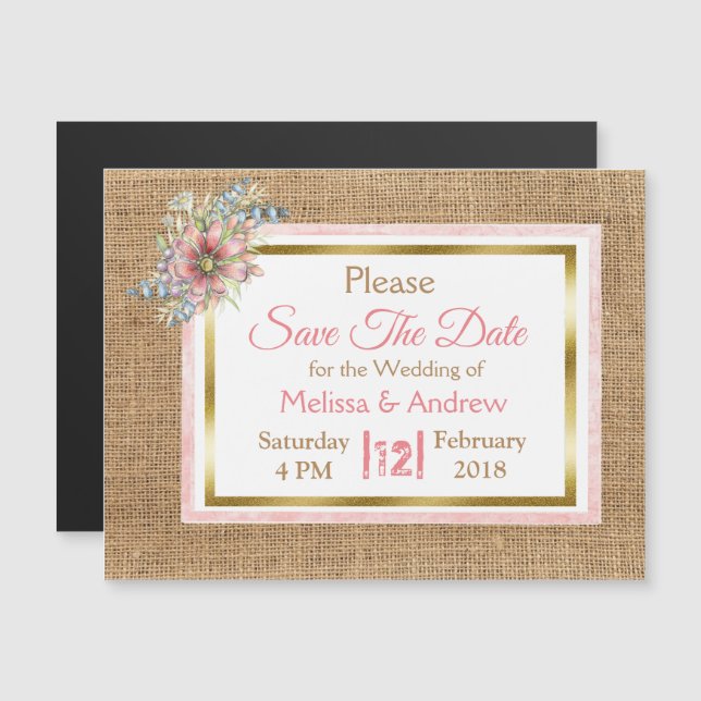 Burlap Shabby Floral Save the Date Wedding Magnet (Front/Back)