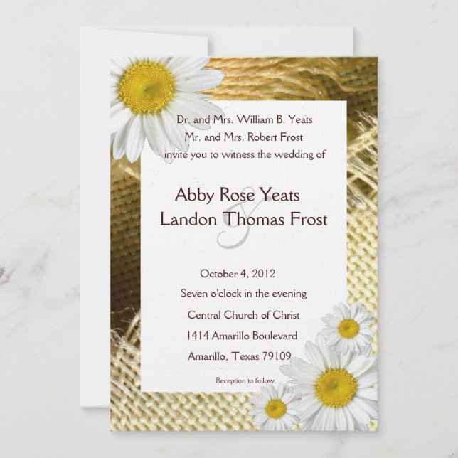 Burlap Shasta Daisy Rustic Wedding Invitation (Front)