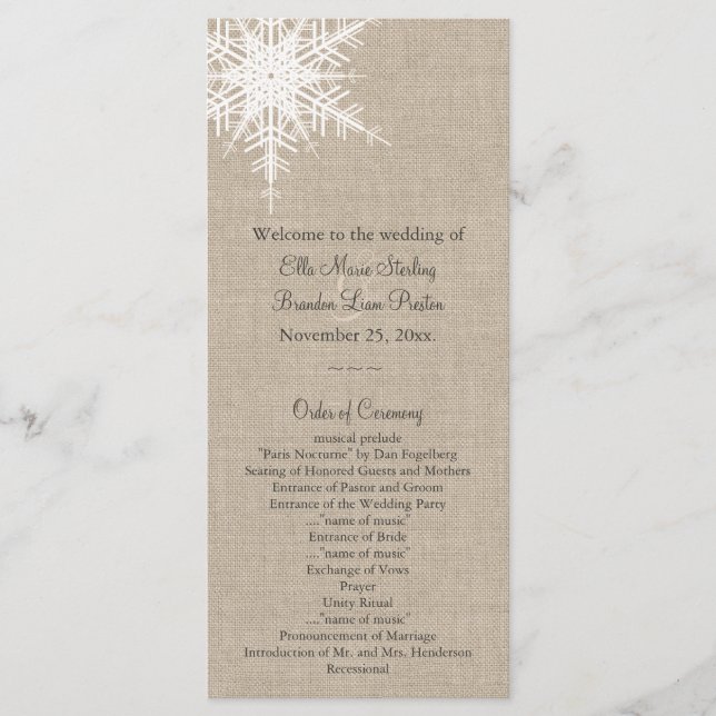 Burlap Snowflake Wedding Program Programme (Front)