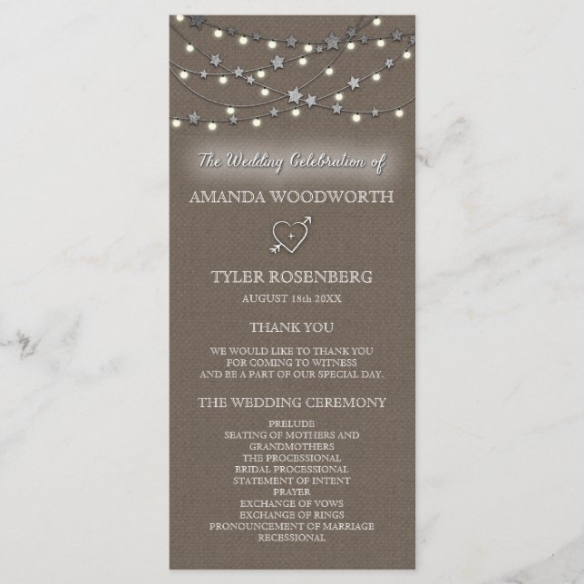 Burlap Star String Lights Rustic Wedding Programs Programme (Front)