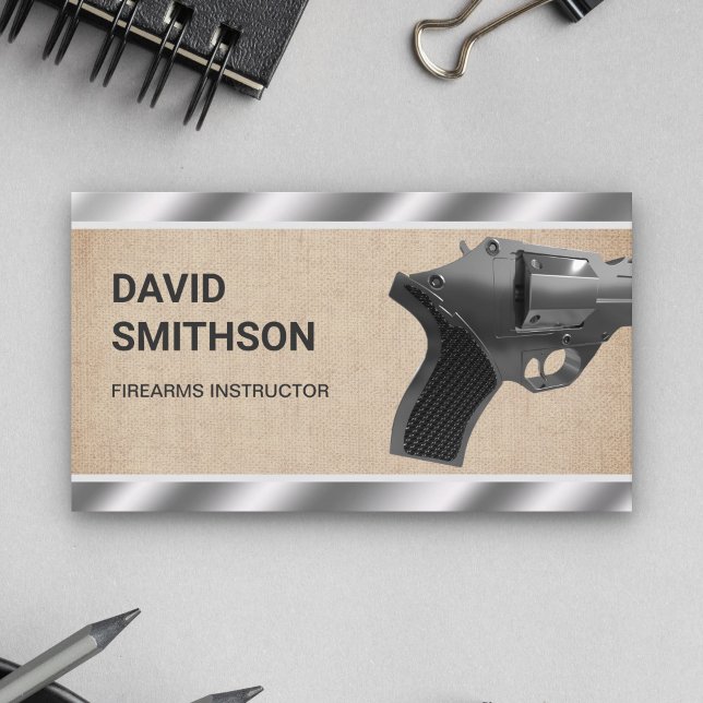 Burlap Steel Revolver Gun Shop Gunsmith Firearms Business Card (Creator Uploaded)