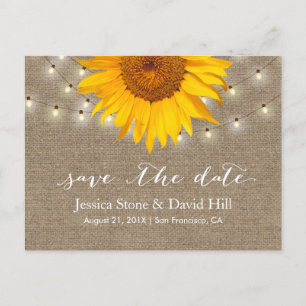 Burlap String Lights & Sunflower Save the Date Announcement Postcard