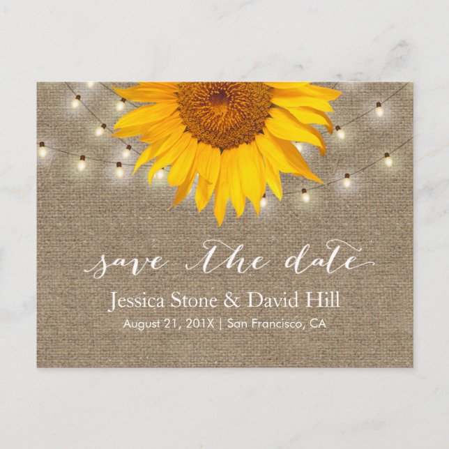 Burlap String Lights & Sunflower Save the Date Announcement Postcard (Front)