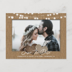 Burlap String Lights Wedding Photo Save The Date Announcement Postcard