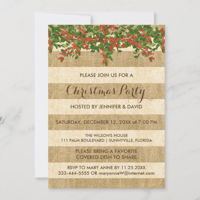 Burlap Stripes and Christmas Holly Party Invitation (Front)