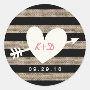 Burlap Stripes Heart & Arrow Rustic Wedding Favour Classic Round Sticker