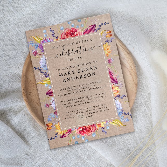 Burlap Succulents Celebration of Life Memorial Invitation (Creator Uploaded)