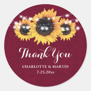Burlap Sunflower Burgundy Red Thank You Stickers