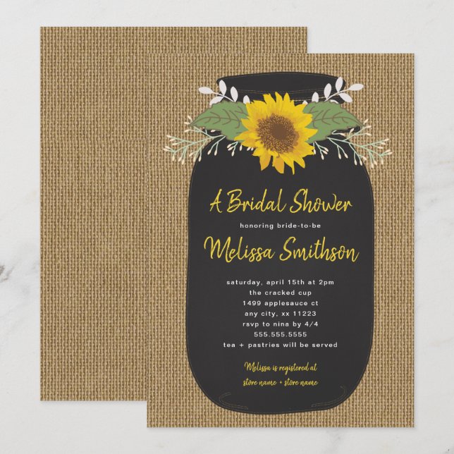 Burlap Sunflower Chalk Mason Jar Bridal Shower Invitation (Front/Back)
