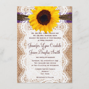 Burlap Sunflower Purple Accent Wedding Invites
