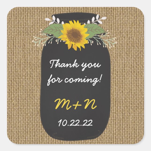 Burlap Sunflowers Chalk Mason Jar thank you favour Square Sticker (Front)