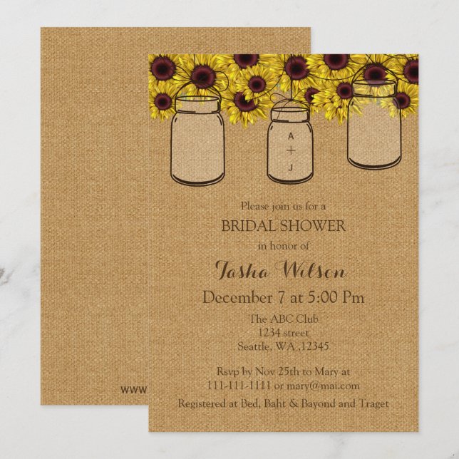 Burlap Sunflowers Mason Jars Bridal Shower Invite (Front/Back)