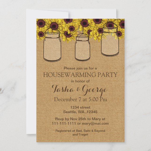 Burlap Sunflowers Mason Jars housewarming Invite (Front)