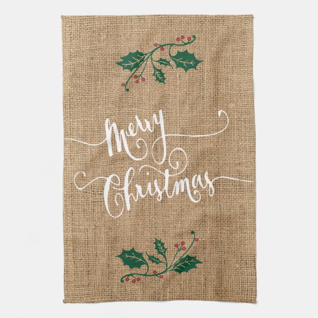 Burlap Texture Merry Christmas Tea Towel (Vertical)