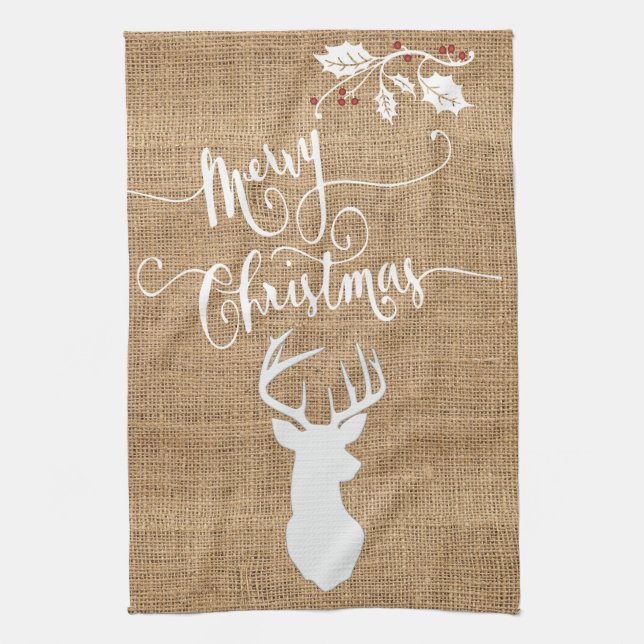 Burlap Texture Merry Christmas with Deer Tea Towel (Vertical)