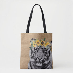 Burlap Tiger Black White Sunflower Flower Crown Tote Bag